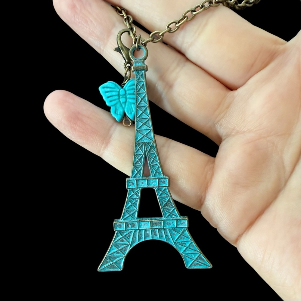 Bronze Patina Eiffel Tower Carved Turquoise Butterfly Pendant Necklace - Picture 4 of 9